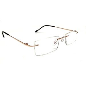 BRANDWISH Rectangle Rimless Frame Reading Glasses Near Vision Glasses- Unisex with Pouch-Gold Color-Power
